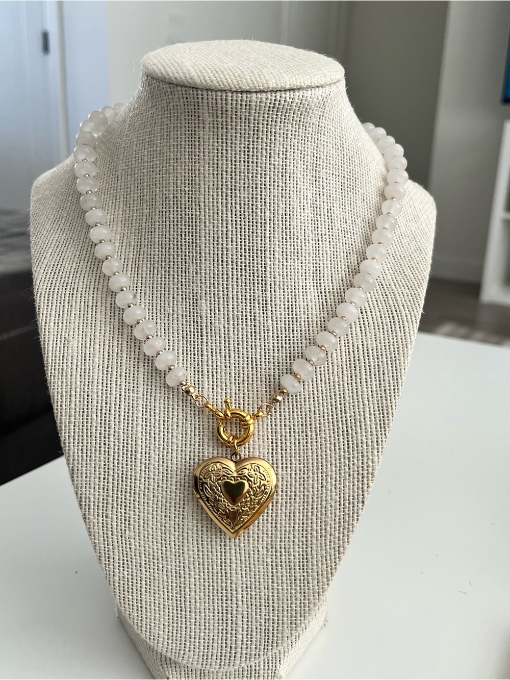 Gold Heart Locket Pendant Necklace with White Jade Beads